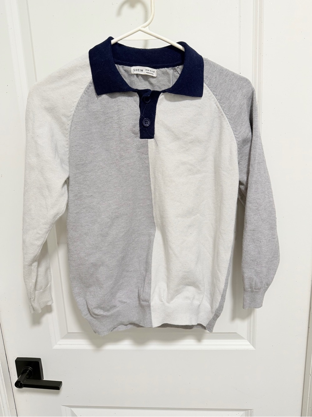 SHEIN Kids Two-Tone Long Sleeve Polo Sweater in Navy, Gray & White
